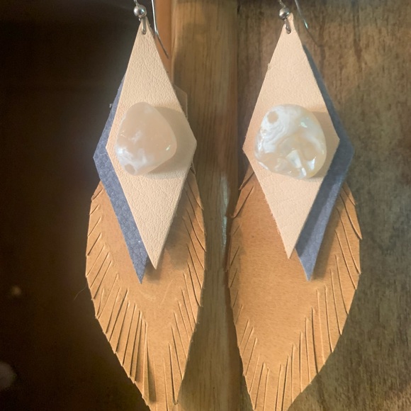 Artisan Jewelry - Artisan French Nubuck Blue Tan Agate Leather Feather Earrings
